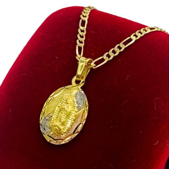 14K Gold Filled Guadalupe Necklace Figaro Flat Chain 20" for Womens Ladies Girls - Picture 1 of 9